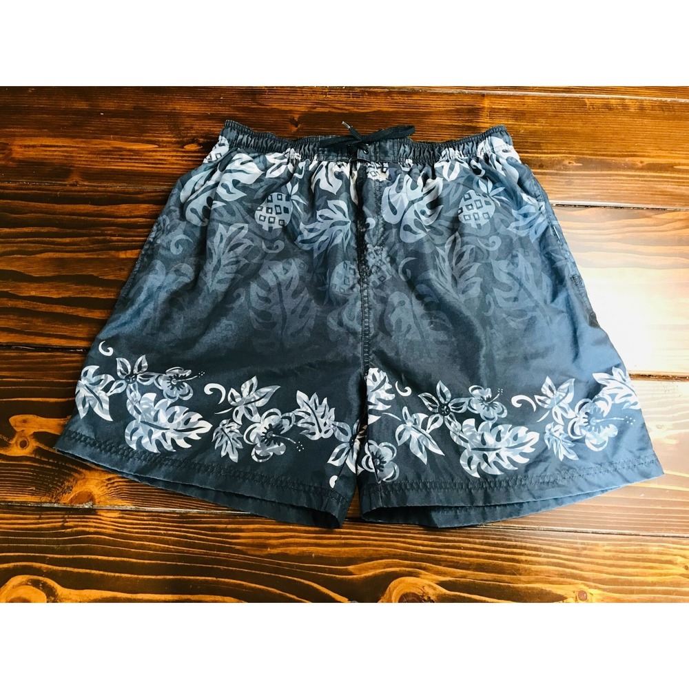 Sand N Sun Shorts, Mens Large, Black Gray, Hawaiian, Floral, Swim, Trunks, Lined